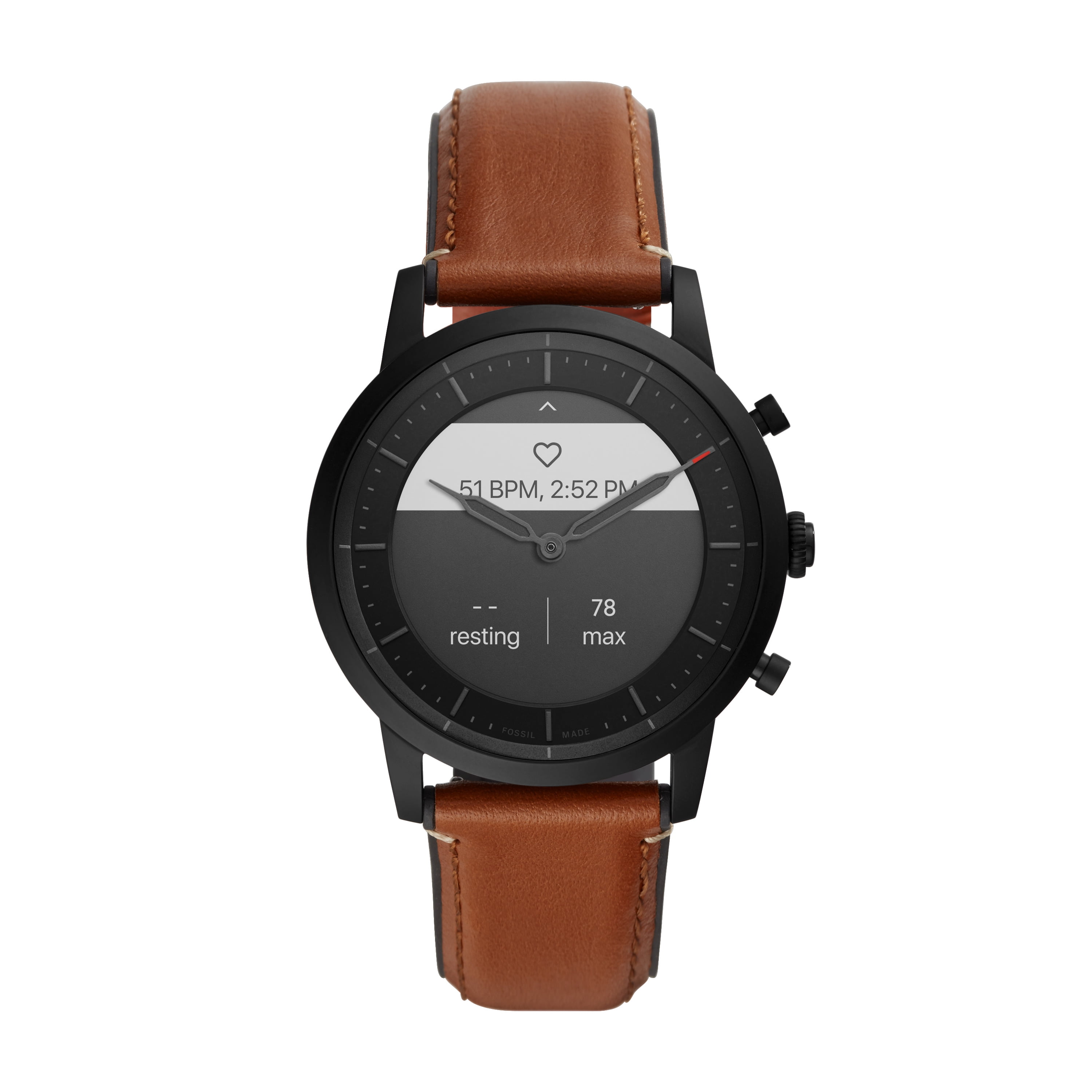 Fossil Men's Collider Hybrid Smartwatch HR Black-Tone Stainless Steel with Brown Leather Band, FTW7007