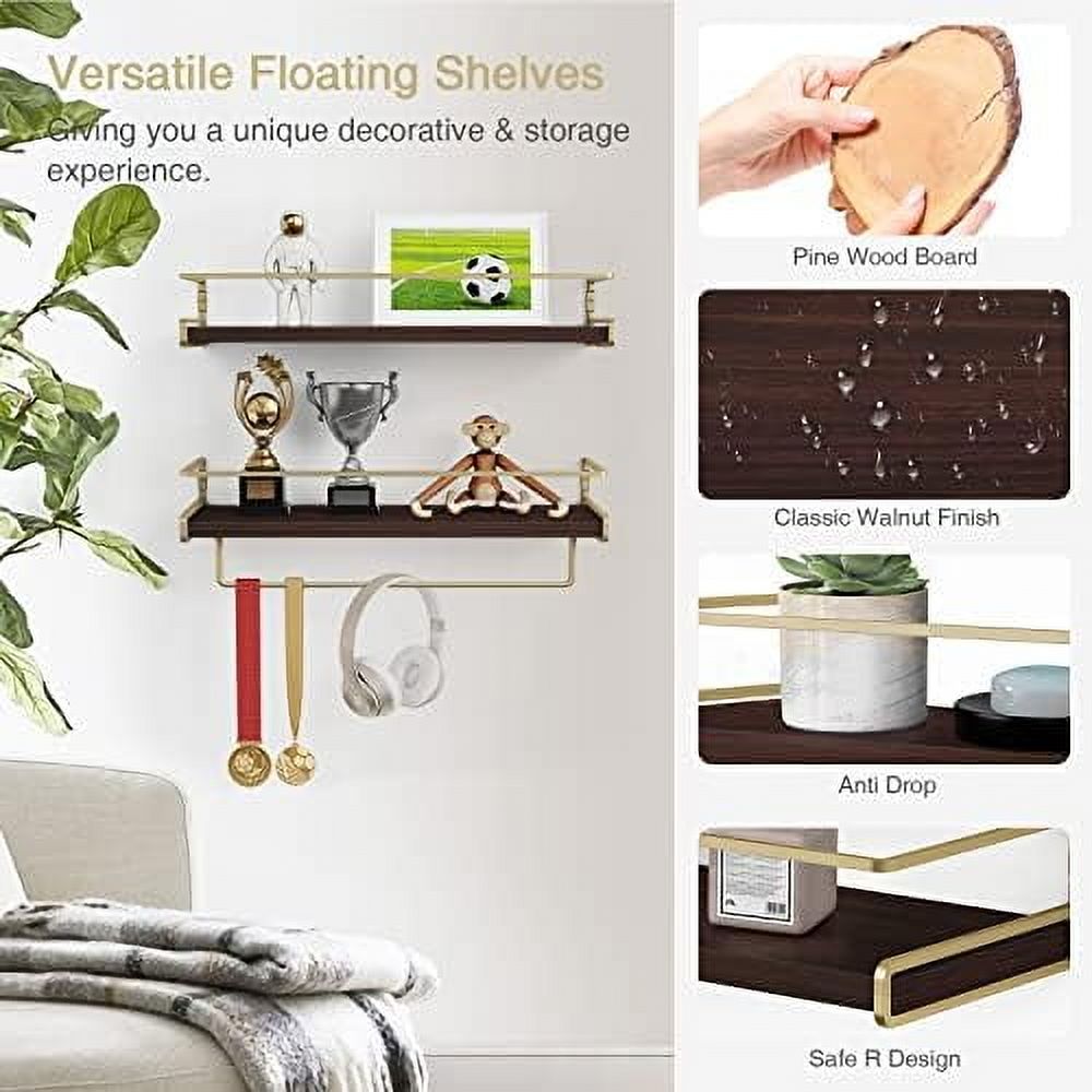 Floating Shelves Bathroom Shelves Over Toilet Set of 2, Bathroom Wall Shelves with Towel Bar, Wall Mounted Vanity Shelf for Bedroom, Kids Room, Kitchen (Brown & Gold)