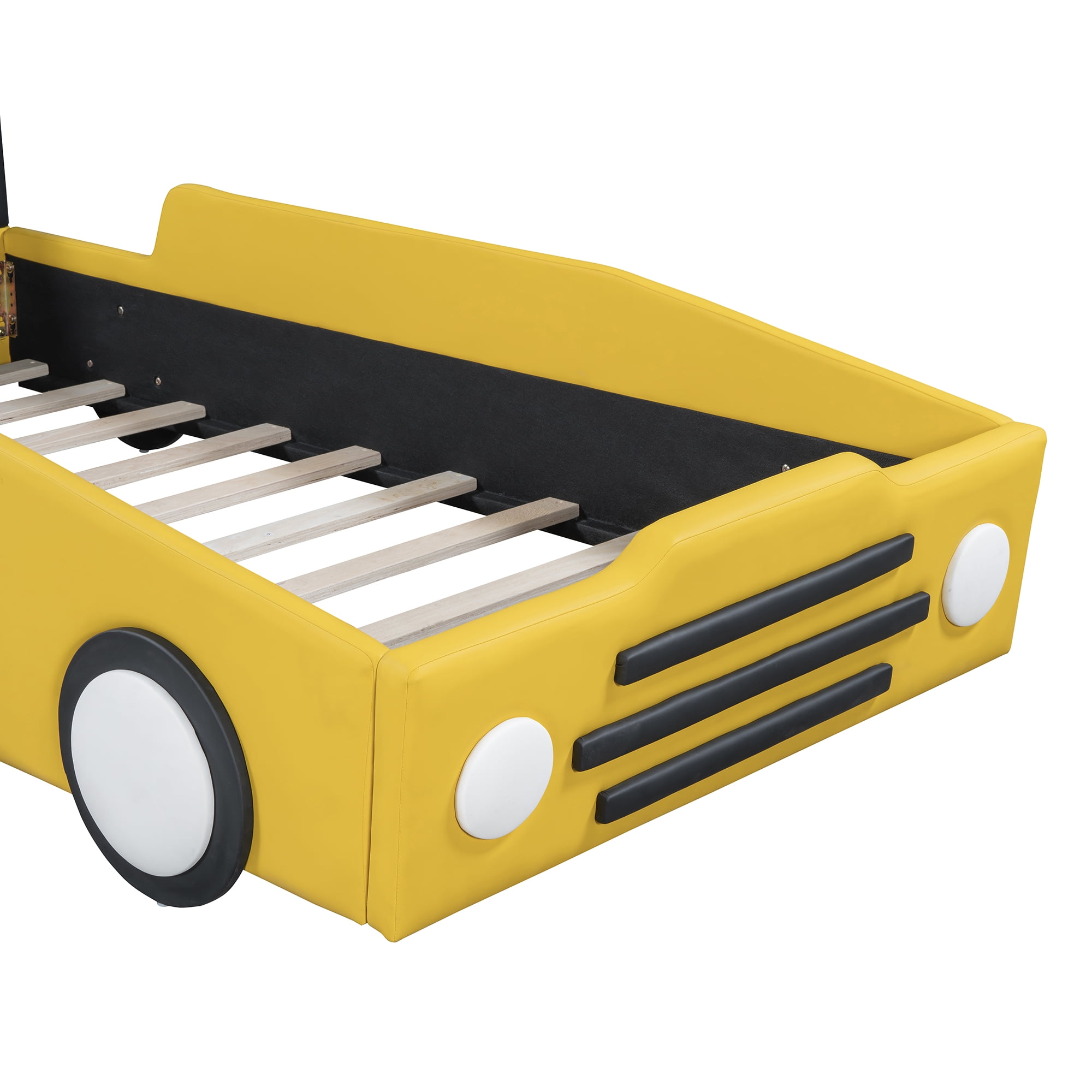 Bed Frame Twin Size Race Car-Shaped Platform Bed with Wheels,Yellow