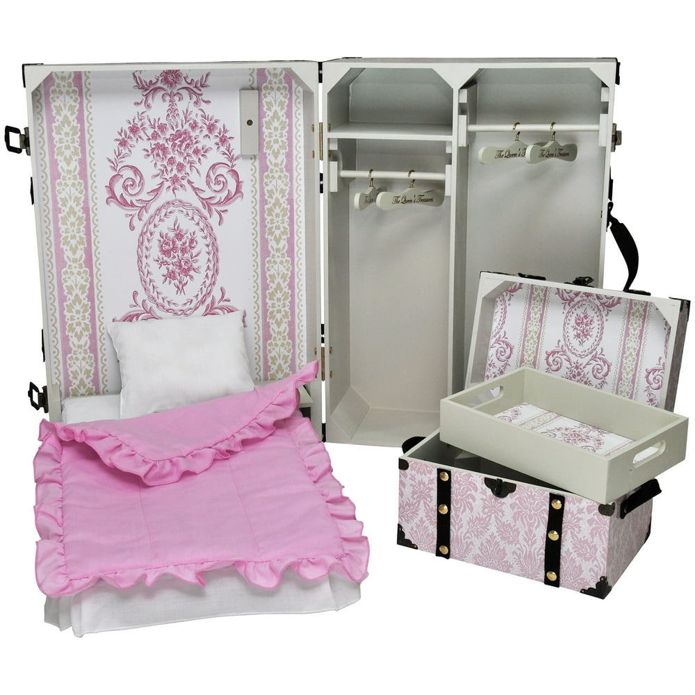 18 Inch Doll Storage Suitcase Trunk With Murphy Bed, 3 Piece Bedding