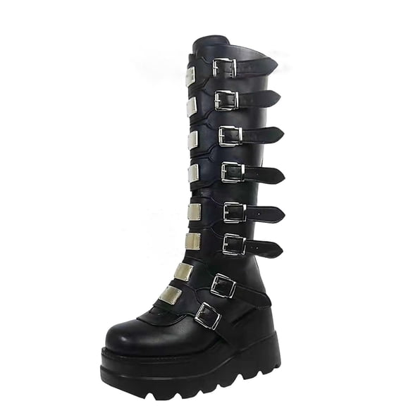 hopeusnice Round Toe Multi Buckle Knee High Boots Women Gothic Boots for Cosplay Black 35