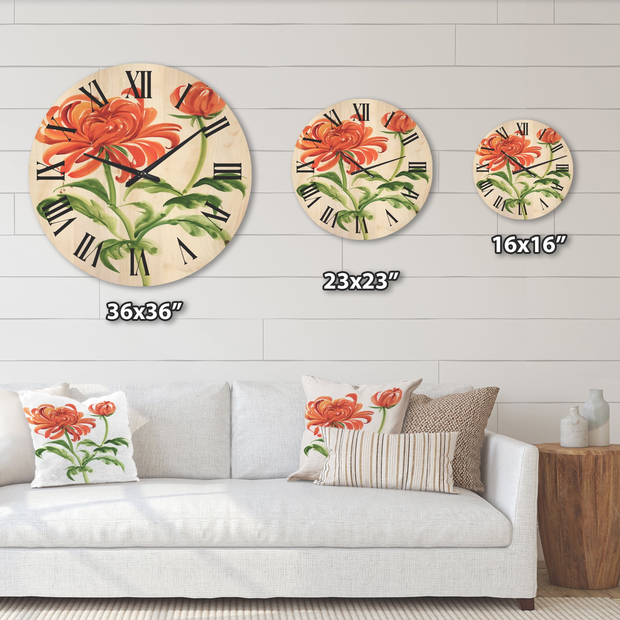 Designart 'Ancient Orange Chrysanthemum Flower' Traditional Wood Wall Clock