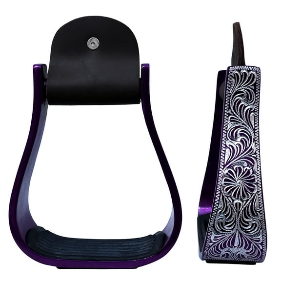 HILASON 3" Neck Western Aluminium Horse Stirrups Floral Engraved Purple