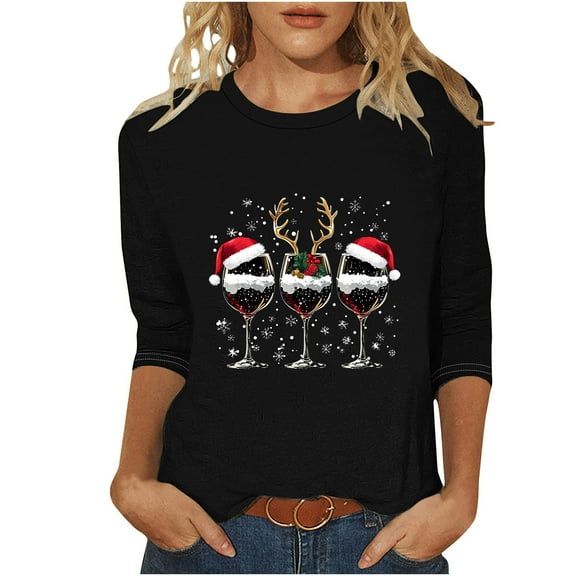 Women's Round Neck Christmas Tshirt Soft 3/4 Sleeve Blouse Featuring a Festive Wine Print Tees Tops Shirts for Women My Items