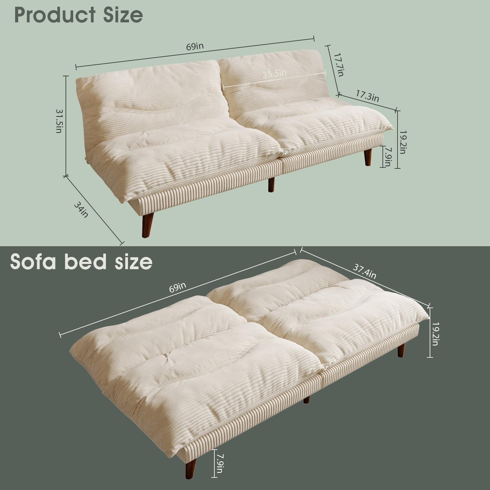 NYBOPAVIS 69" Futon Convertible Sofa Bed, Corduroy Loveseat Sofa Couch for Small Space Beige