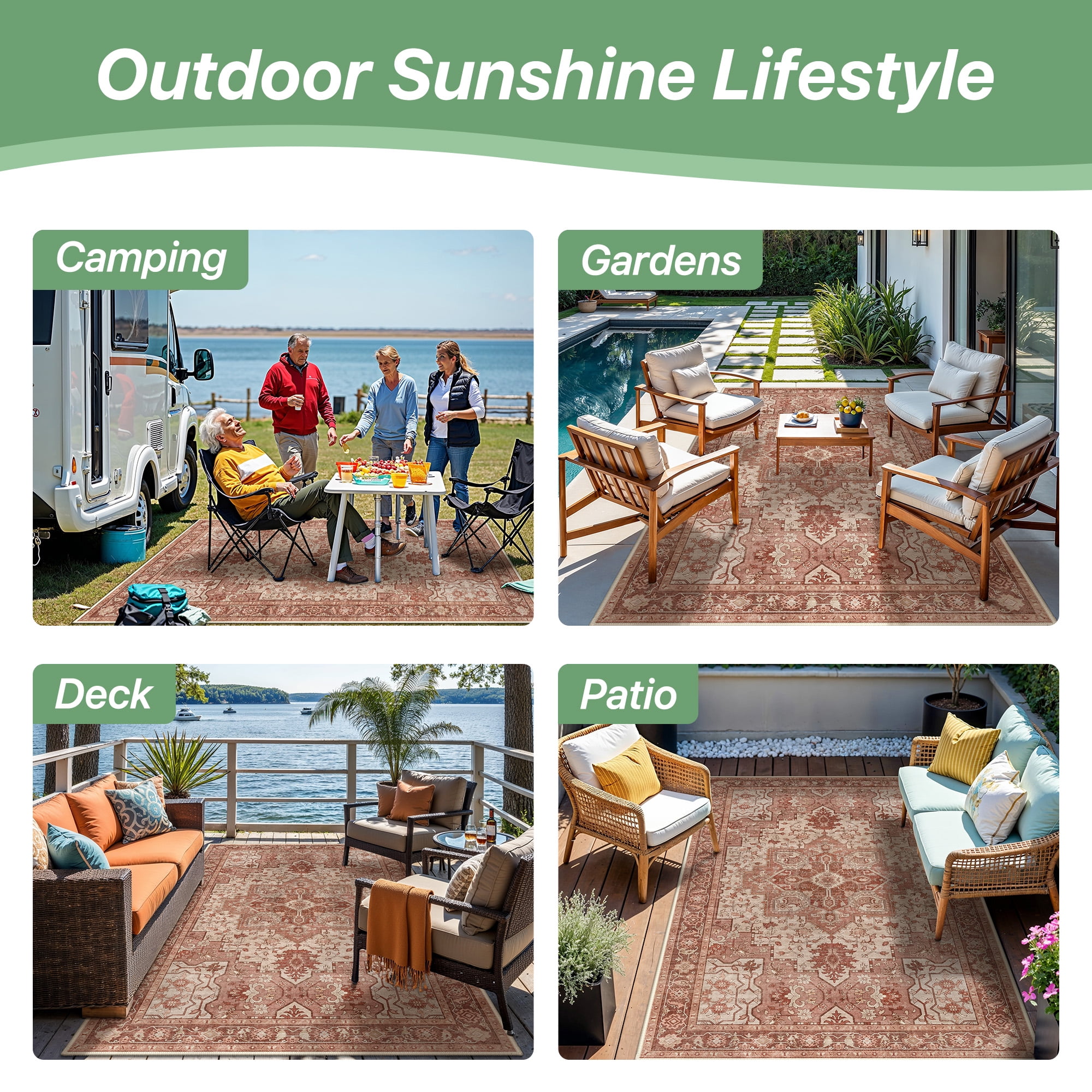 DEORAB Outdoor Rugs 5'X8' Chenille Patio Rug Three-Layer Material Imitation Silicone Spot Molding Camping Outside Rv Mat,Brown & Red