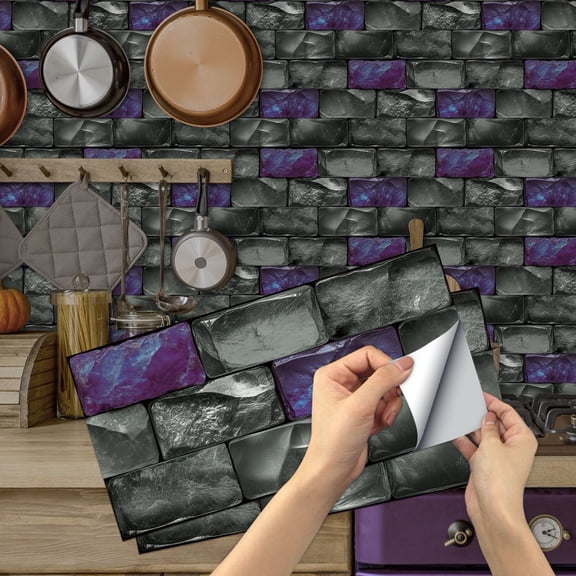 6Sheet Self Adhesive Tiles Stickers Wall Decals 11.8" x 5.9"  Vinyl Purple Gray Mosaic Brick Peel and Stick Backsplash for Kitchen Bathroom