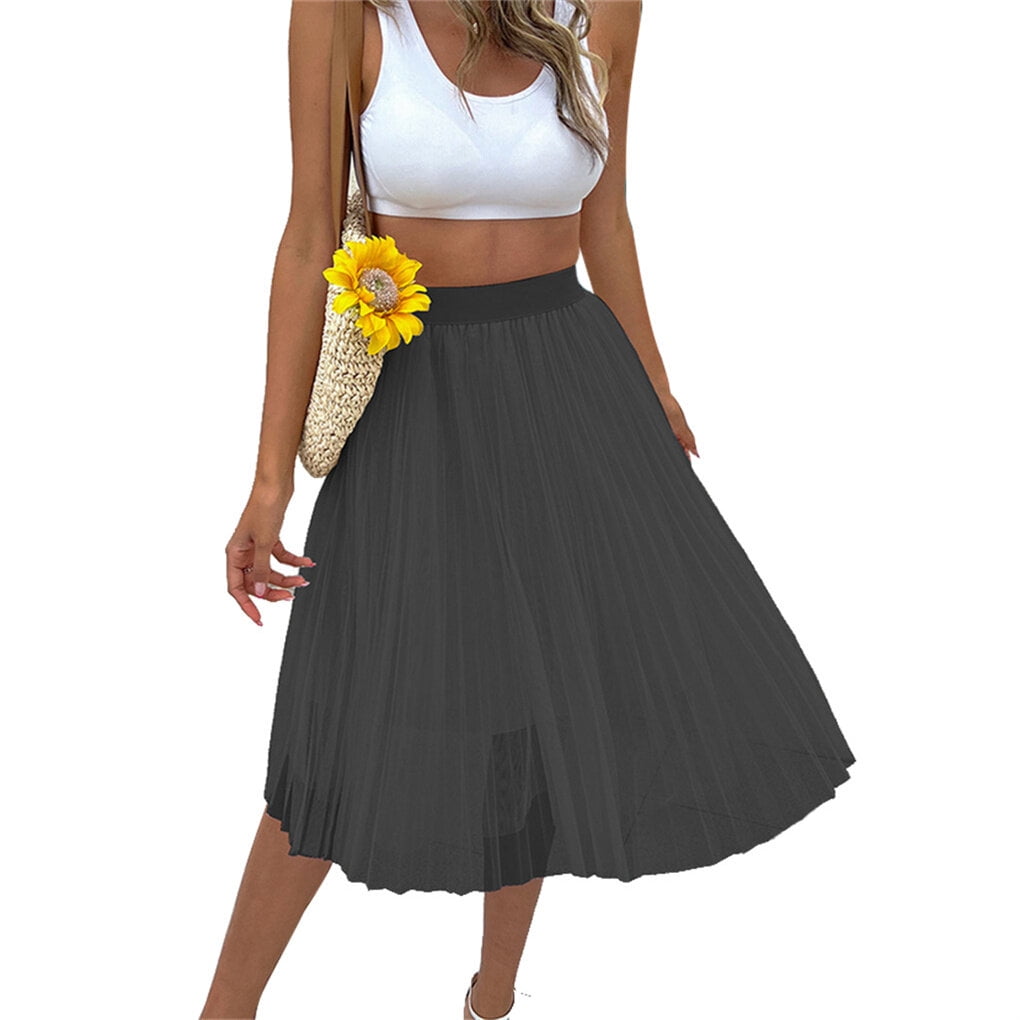 Women High Waist Knee length Skirt Girls Pleated Casual Style Loose Skirts Solid Color Polyester Clothing Holiday Present Black XXL