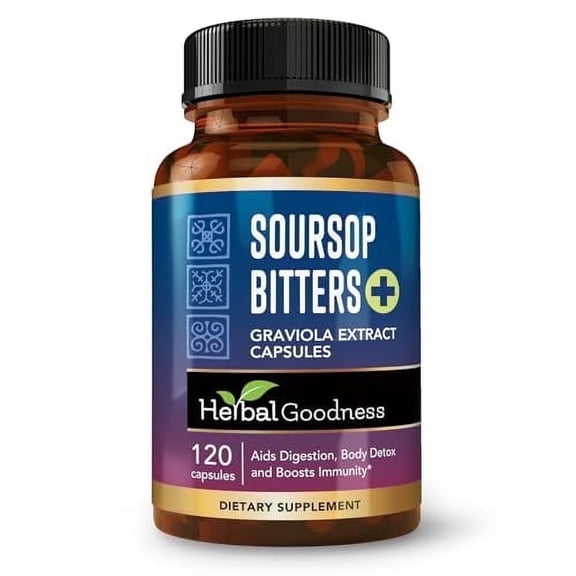 Soursop Bitters Capsules Organic - Pills, Graviola Leaf, Guanabana, Digestion Aid & Body Detox - 1000mg/120ct | Herbal Goodness