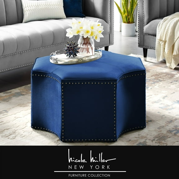 Nicole Miller Cocktail Ottoman Zaid Velvet Upholstered Octagon Single Tufted Nailhead Trim Navy/Chrome
