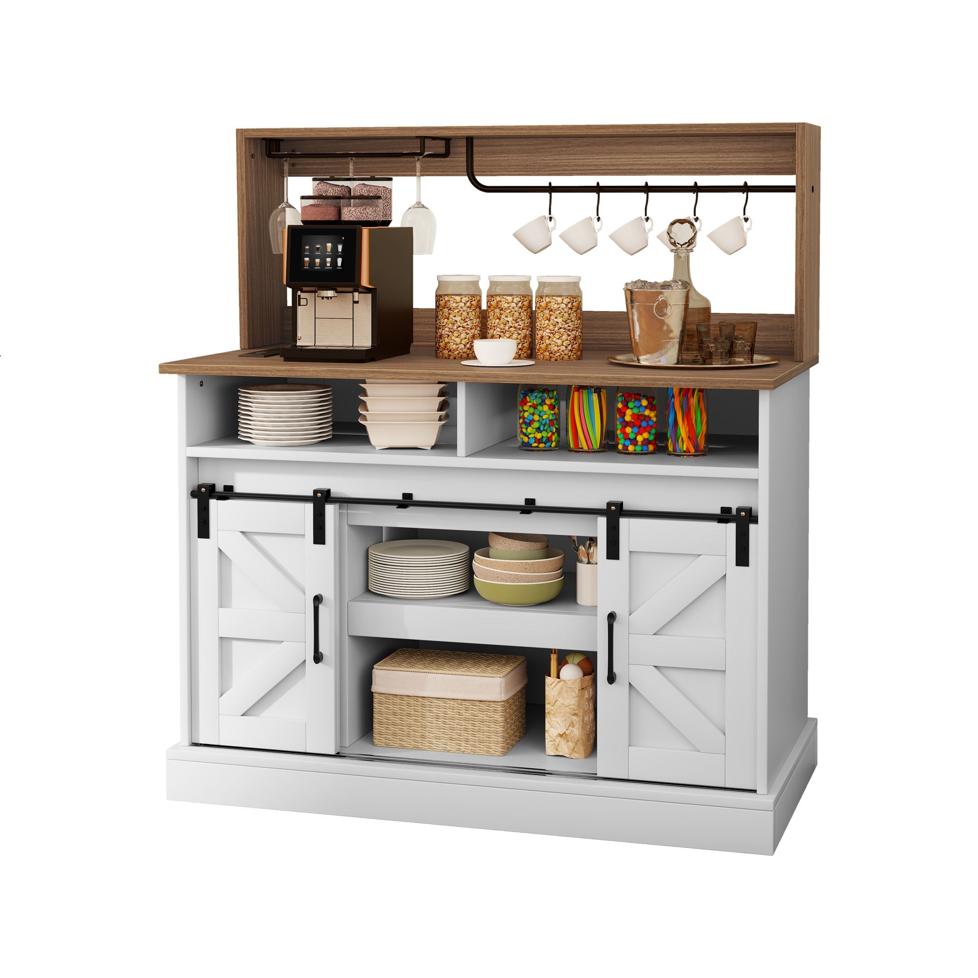 Uforic 47" Farmhouse Coffee Bar Cabinet with Power Outlets, Sliding Barn Door Sideboard, Modern White