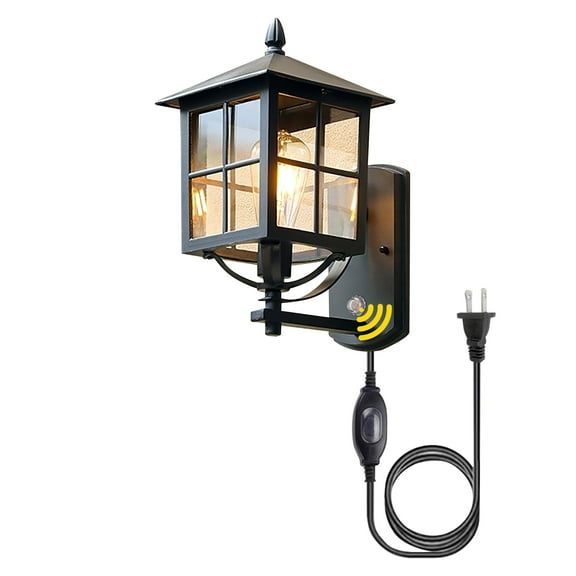 Kiven Waterproof Exterior Outdoor/Indoor Wall Light, Plug-in Black Wall Mount Lantern Light , Dusk-to-Dawn,Industrial Porch light for House, Garage, Patio E26 Socket BD3147