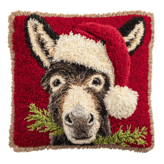 Latch Hook Kits Pillow Donkey With Santa Hat Crochet Yarn Cushion Colour Pre-Printed Canvas Rug Needlework DIY Pillowcase Hook And Latch Kit Christmas Home Arts Crafts Sofa Decoration 43X43Cm