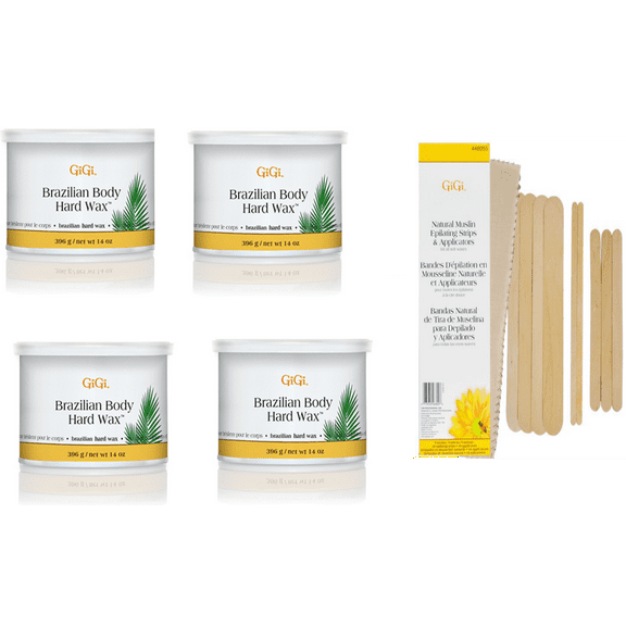 GiGi (4-PACK) Hard Body Wax for BRAZILIAN & Sensitive Areas and BONUS FREE Muslin and Spatula Combo Kit Included