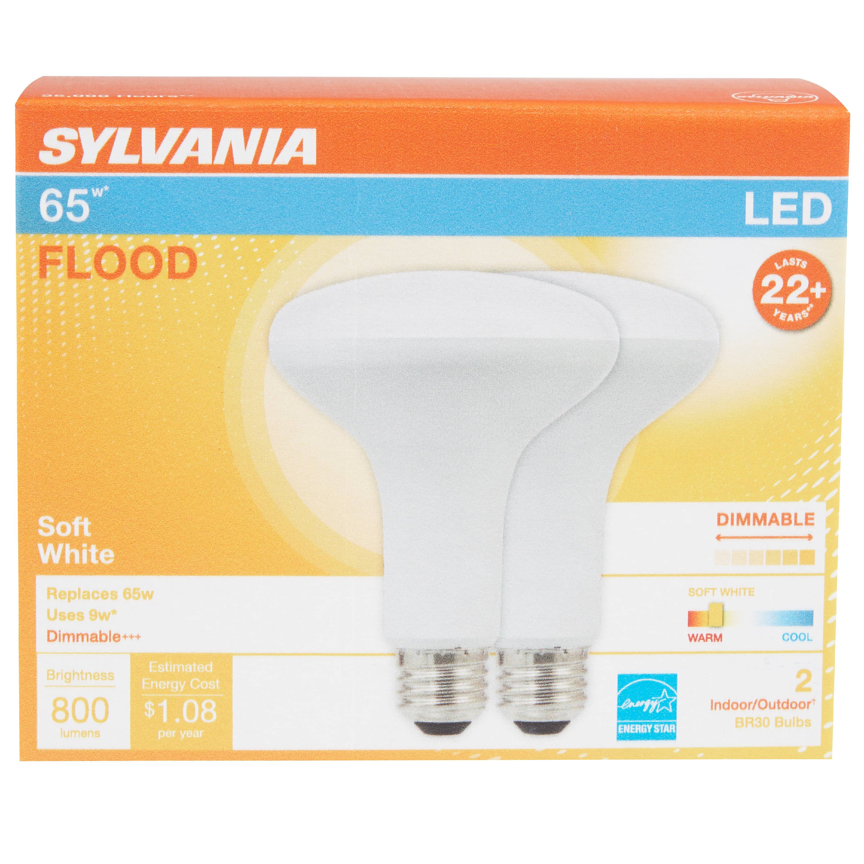 Sylvania LED BR30 Light Bulb, 65 Watt, Dimmable, Soft White, 2 Pack ...