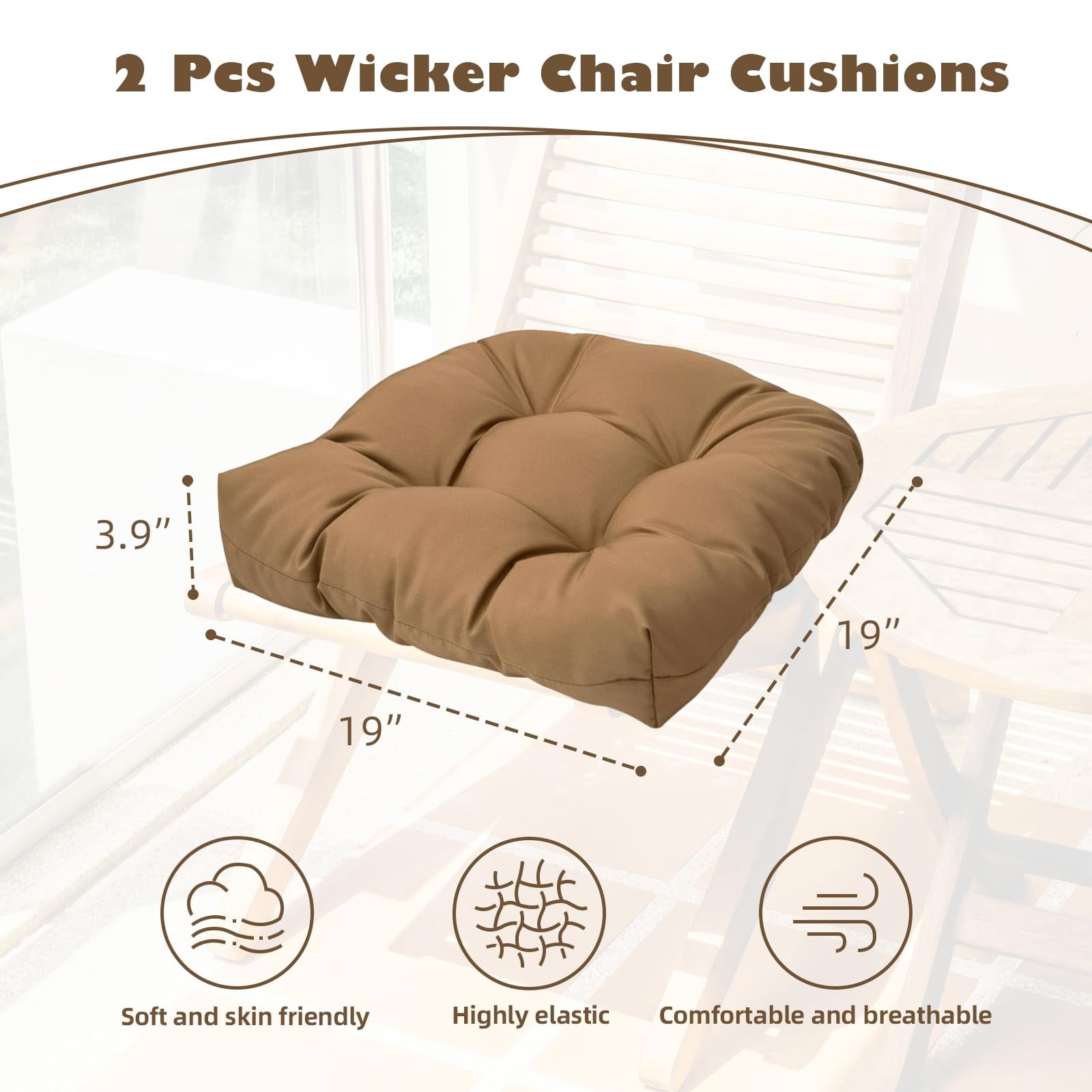 Outdoor Tufted Seat Cushions  2 Pack Patio Wicker Chair Cushion With Ties Waterproof Pads Round Corner 19"x19"x3.9" Black