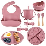 HEQUSIGNS Silicone Baby Feeding Set, 8 Piece Baby Led Weaning Utensils  Set, Baby Plates and Bowl Set, Baby Spoon and Fork, Sippy Cup with Straw, Baby Feeding Supplies Set