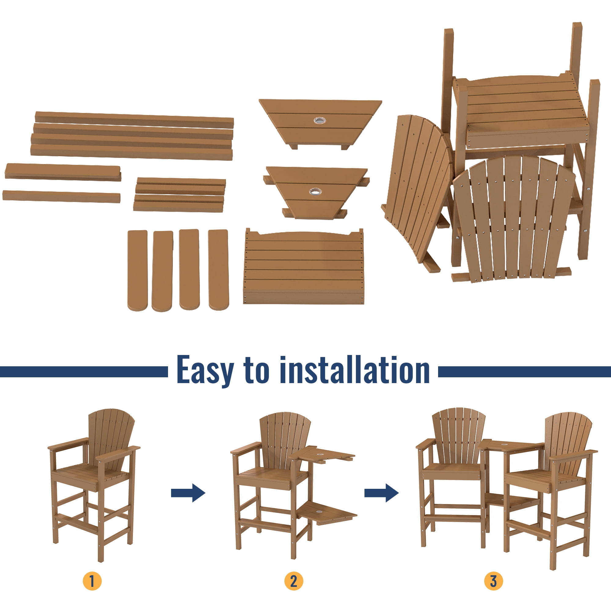 FOOWIN Tall Adirondack Chair Set of 2, HDPE All-Weather Adirondack Bar Stools with Connecting Tray,  Teak