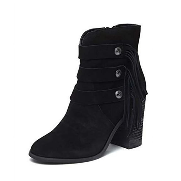 Yellow Box Upon Black Suede Stacked Heel Trendy Embellished Detailing Fringe Ankle Boot (10)