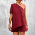 thumbnail image 4 of Womens Summer 2 Piece Outfits Solid Color One Shoulder Short Sleeve Tops with Shorts Sets Loungewear Homewear, 4 of 7