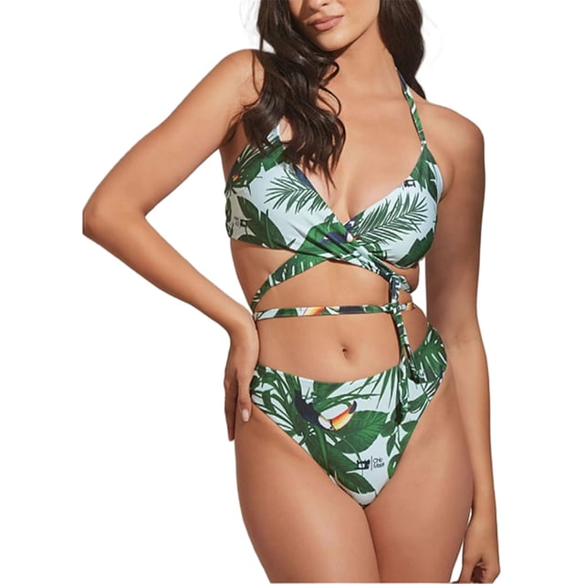 Traje de baño de dos piezas para mujer, traje de baño con estampado Floral, recorte Sexy, Push Up, encaje, conjunto de Bikini triangular con cuello Halter, traje de baño