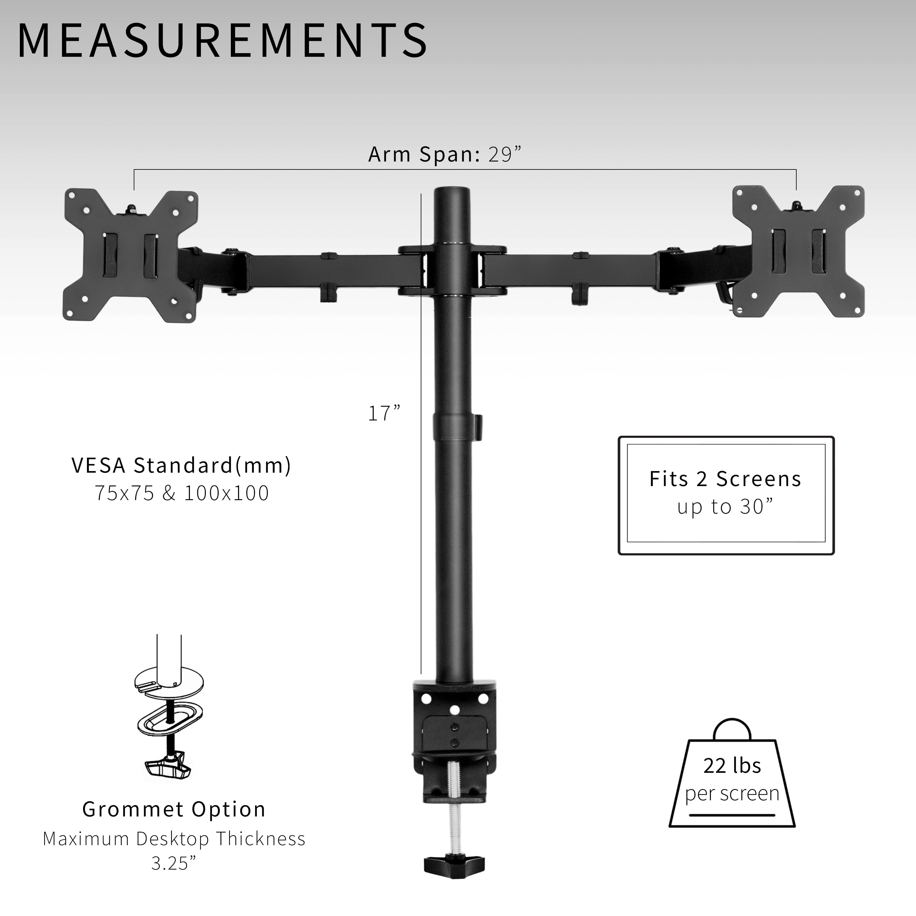 VIVO Dual Monitor Desk Mount, Heavy Duty Fully Adjustable Steel Stand,  Holds 2 Computer Screens up to 30 inches and Max 22lbs Each, Black,  STAND-V002
