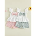 thumbnail image 3 of Loicainy Toddler Baby Girl Summer Clothes 6 12 18 24 Months 2T 3T 4T Casual Decorative Bow Smocked Flying Sleeve Tops and Flower Shorts 2 Pcs Outfits Set, 3 of 9