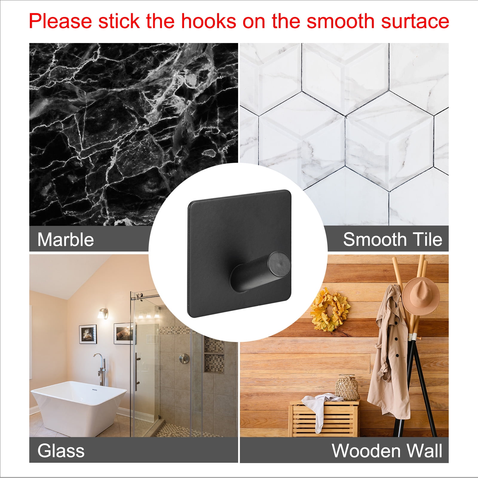 Unique Bargains Self Adhesive 304 Stainless Steel Sticky Hooks Wall Hanger Black 2Pcs
