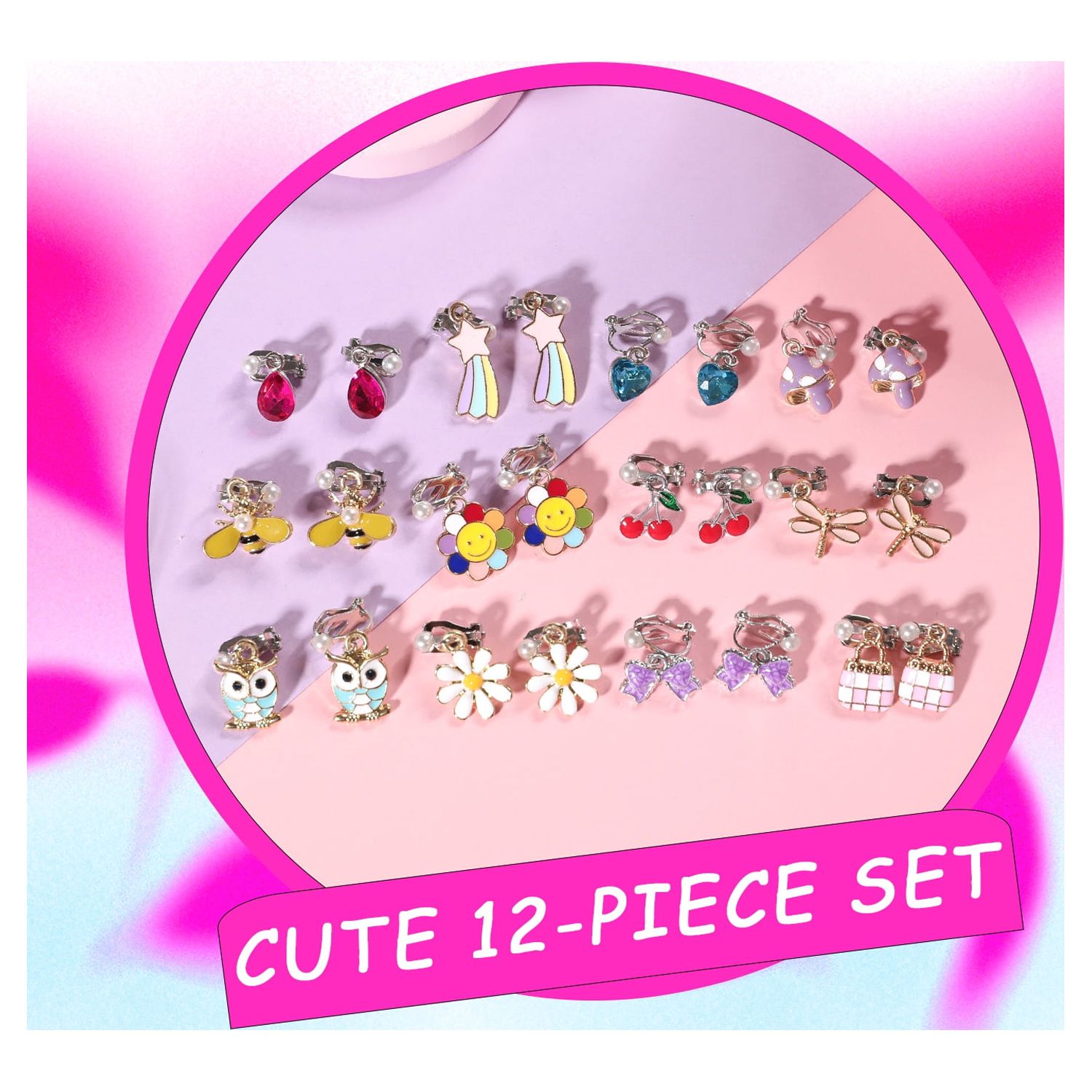 PinkSheep 12 Pairs Clip On Earrings for Girls, Kids Unicorn Flower Star Dangle Earrings Set Jewelries for Child - image 2 of 8