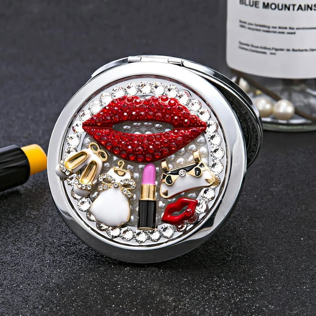 Amanman Miroir de Poche pour Femmes 1x/2x Miroir Compact pour Sacs à Main Fait à la Main Petit Miroir Rond Mini Miroir Miroir de Maquillage de Voyage pour Fille (Lèvres Rouges)