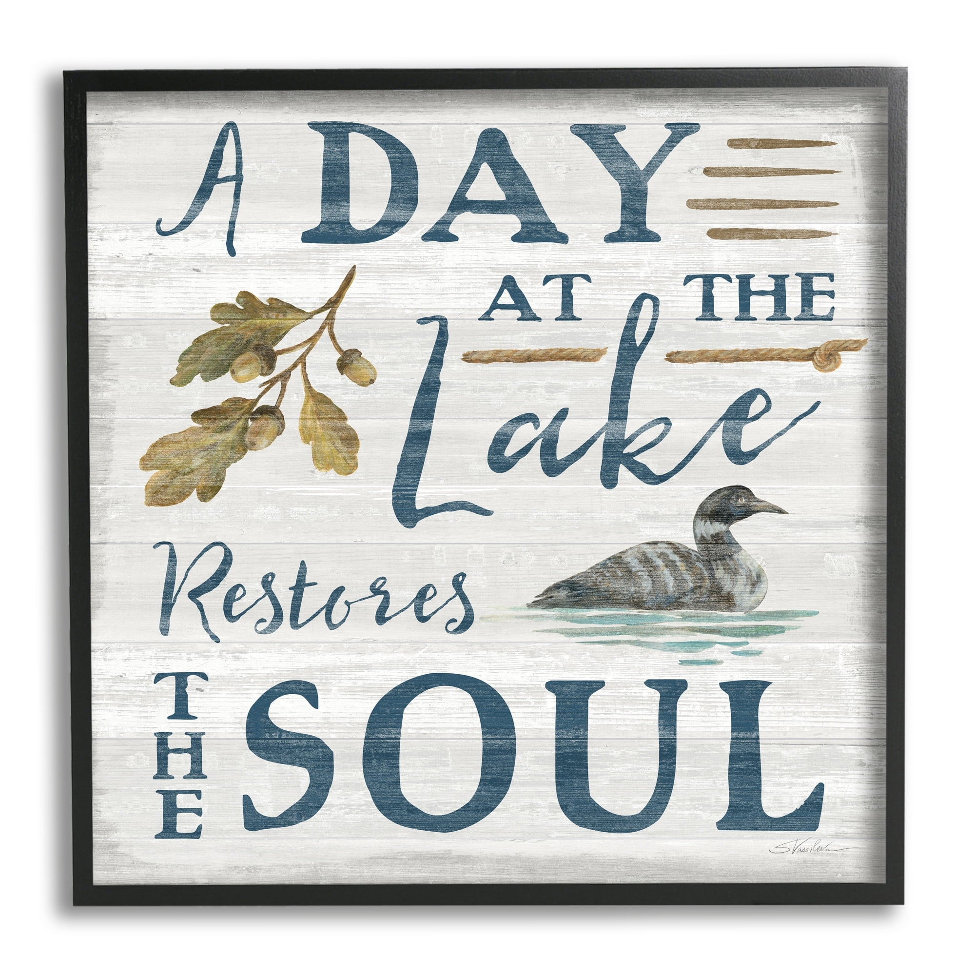 Stupell Industries Day At Lake Restores Soul Rustic Quote Grain Pattern Graphic Art White Framed Art Print Wall Art, 17x17, by Silvia Vassileva