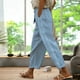 thumbnail image 4 of Pantalones Rectos Casuales Cordón Cintura Elástica Bolsillo Color Puro Pantalones Rectos Sueltos para Mujer Señora Chica Azul Claro XXL, 4 of 6
