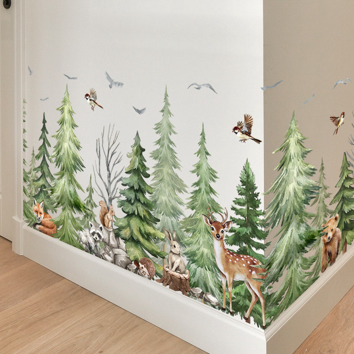 Watercolor Pine Tree Animals Wall Stickers Woodland Forest Tree Fox Deer Bear Wall Decals Peel and Stick Baby Nursery Bedroom Living Room Wall Decor