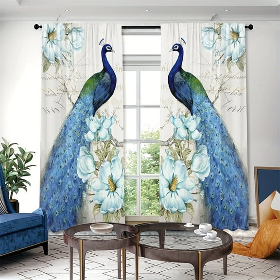 WNOOHIY Luxurious Vintage Blue Peacock Printed Window Curtains for Enhanced Privacy,Set of 2 Panels