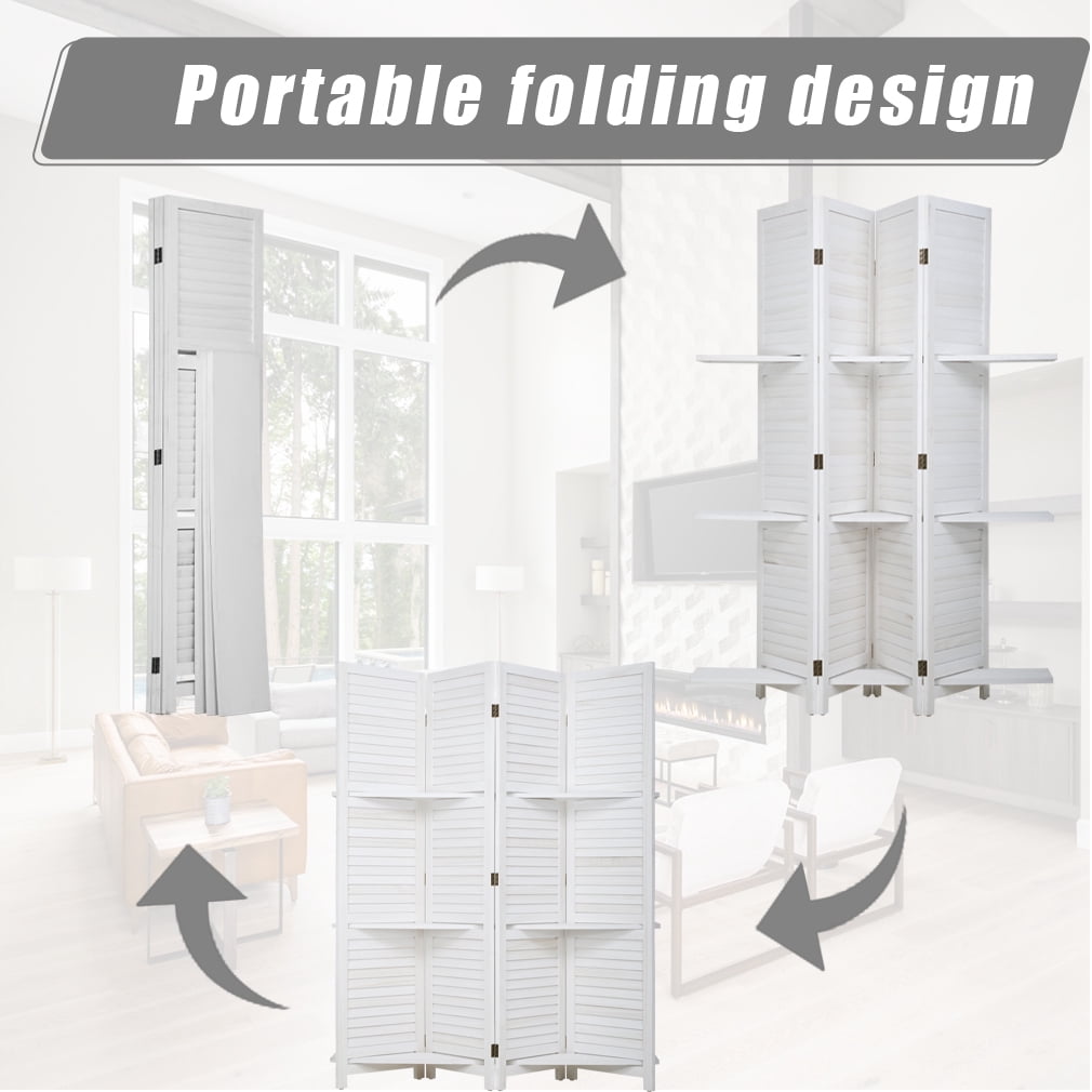 NiamVelo 4 Panel Wood Room Divider Folding Privacy Screen Portable Freestanding Room with 3 Shelves for Home Office, White