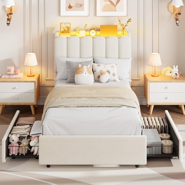 QinaQin Base de cama tapizada con luces LED, 2 cajones y cabecera ondulada, cama con almacenamiento ideal para niñas, diseño moderno que no requiere box spring