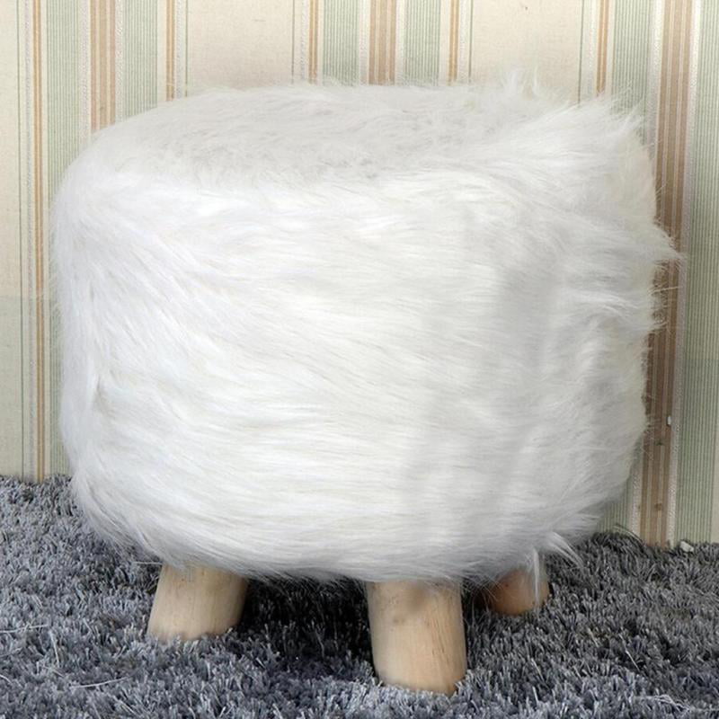 White Soft Furry Round Footrest Stool Cover Fits for Foot Stool 40cm Dia 