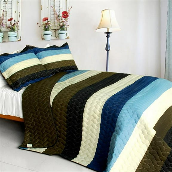 Romantic Town - 3 Pieces Vermicelli-Quilted Patchwork Quilt Set  Full & Queen Size - Blue