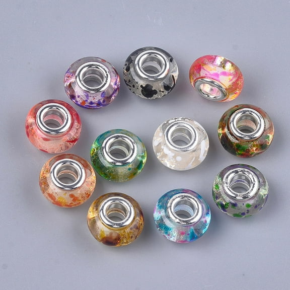 100pc Resin European Beads Large Hole Beads with Silver Color Plated Brass Cores Rondelle Mixed Color 14x8.5~9mm Hole: 5mm