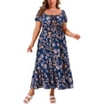 thumbnail image 4 of GRACE & GRANDEUR Women's Plus Size Floral Dress Tie Square Neck Smocked Waist Short Sleeve Side Slit Beach A Line Maxi Dresses 1X Navy Blue, 4 of 8