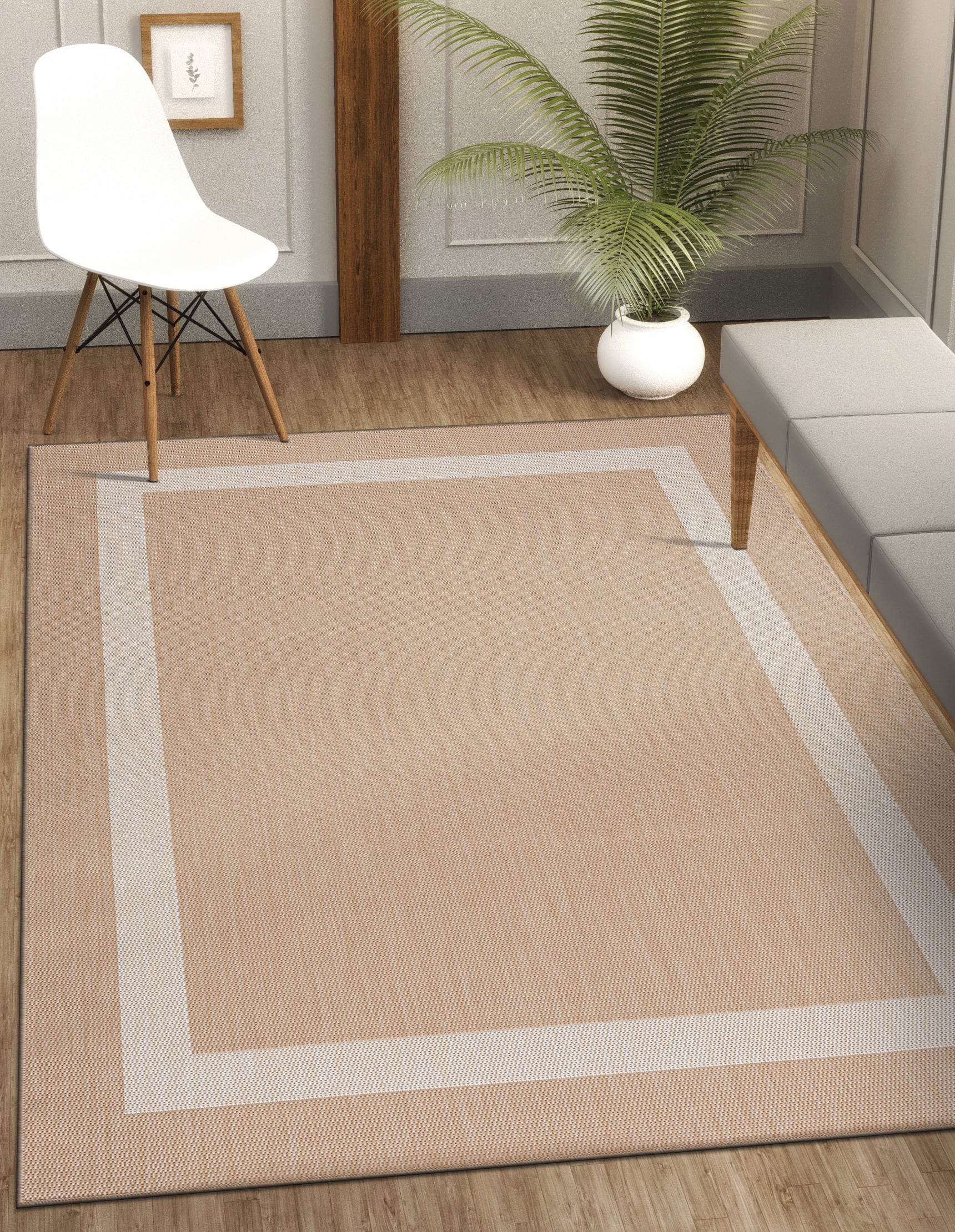 CAMILSON Bordered Washable Indoor Outdoor Area Rug Beige 5 x 7