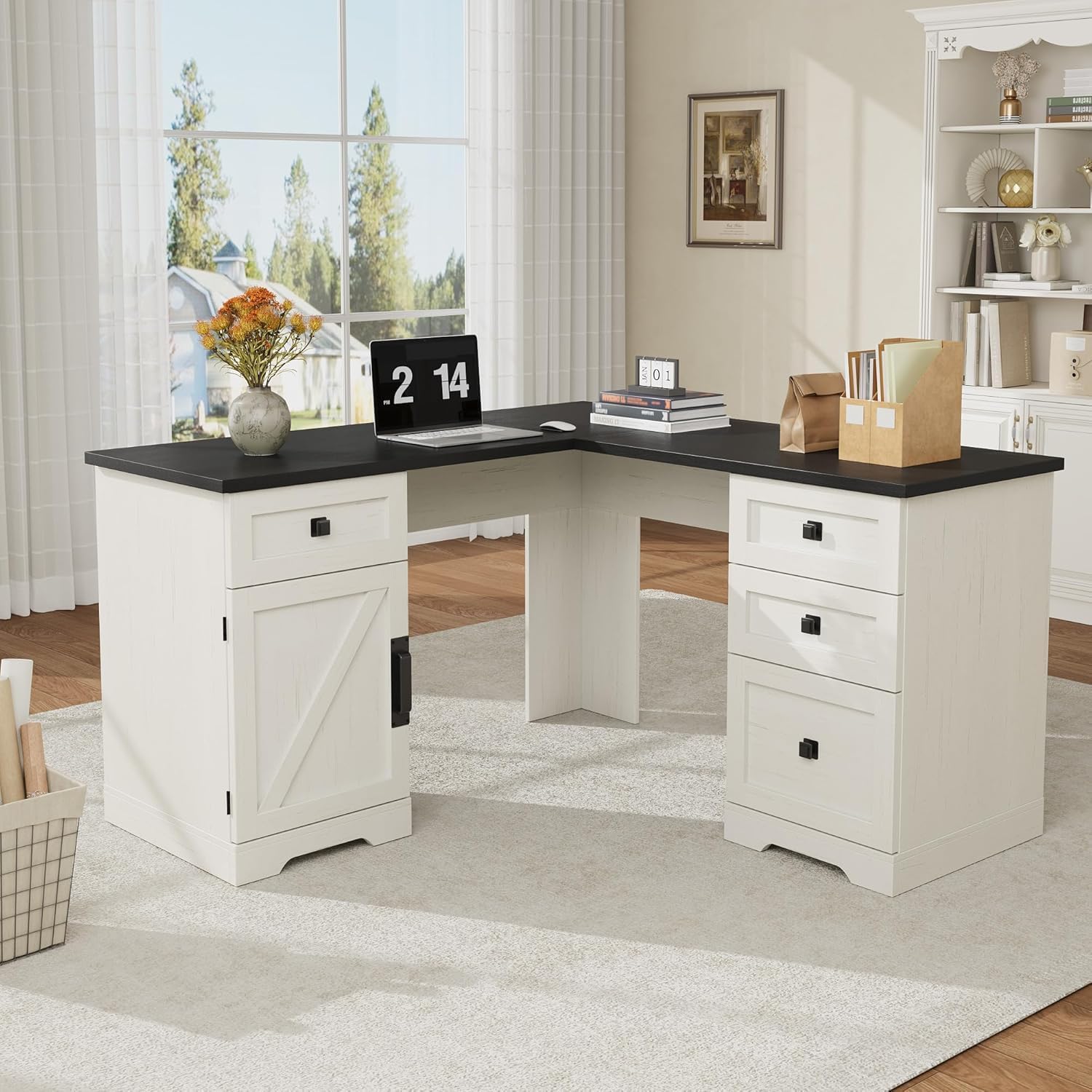 Farmhouse 60" Executive l Shaped Desk, Home Office Desk with File Drawers and Storage Cabinet, Corner Computer Desk with Adjustable Side Storage Cabinet (Black)