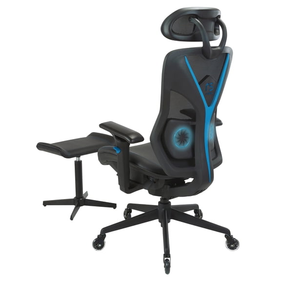 RS Gaming™ Eonix Ergonomic Mesh/Vegan Leather High-Back Active Chair & Footstool, Black/Blue, BIFMA Compliant