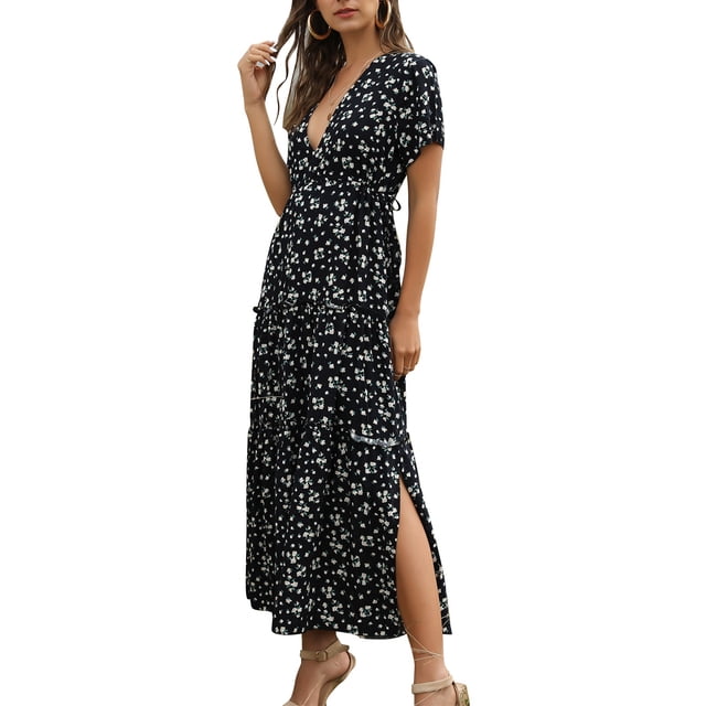 Vestido de manga corta Cuello en V profundo Corbata con cordón Cintura alta Volantes Una línea Dobladillo Estampado floral Vestido casual para el verano