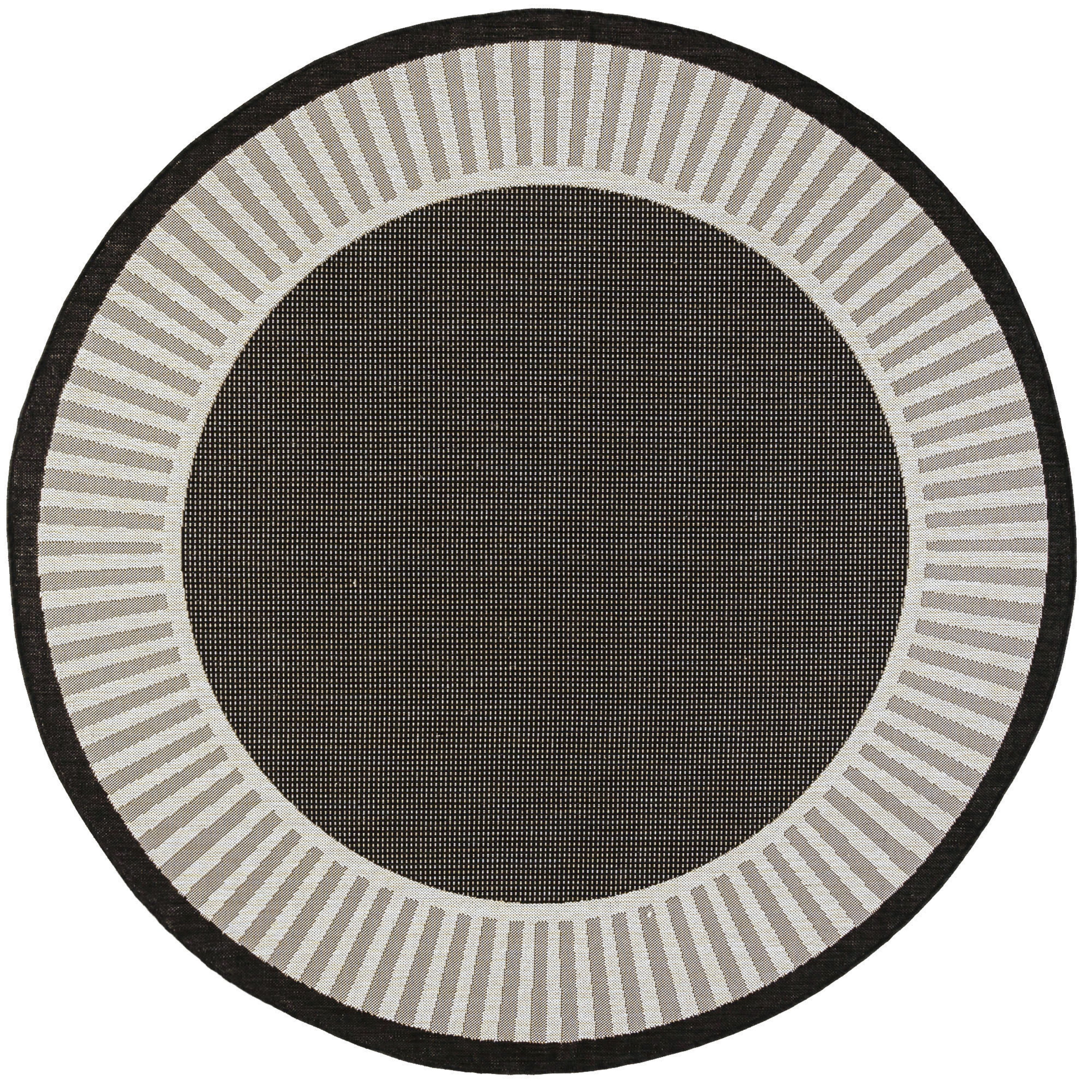 8ft Round Water Resistant, Large Indoor Outdoor Rugs for Patios, Front Door Entry, Entryway, Deck, Porch, Balcony | Outside Area Rug for Patio | Black, Striped Border | Size: 7'10'' Round