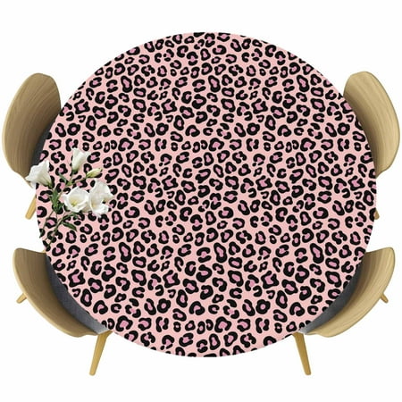 Round Fitted Tablecloth Pink Leopard Pattern Circle Table Cover Waterproof Table Cloth with Elastic Edge Farmhouse Animal Skin Theme Outdoor Tablecloths for Kitchen Picnic 55-60in