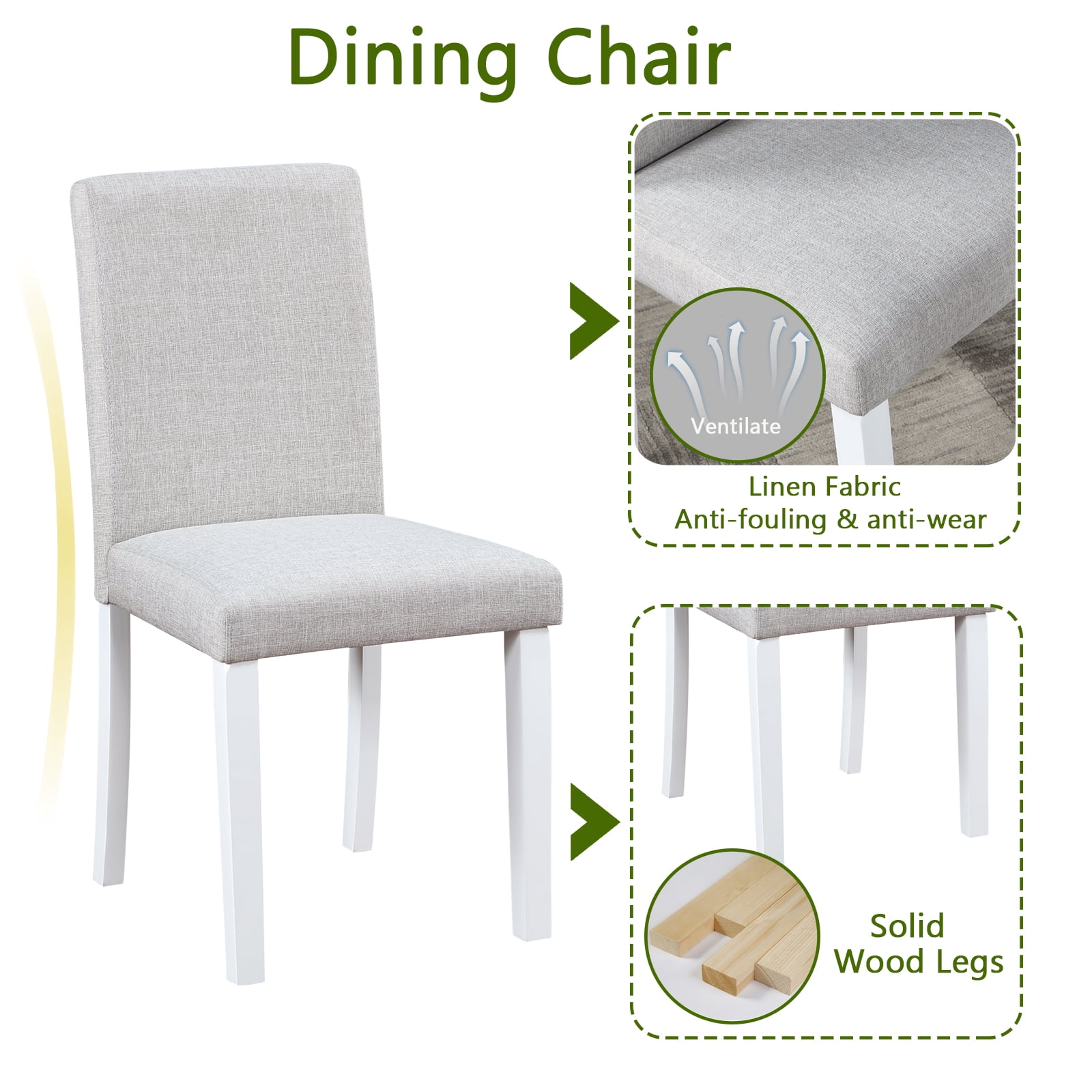 MAYEERTY 5 Piece Wooden Dining Table Set, Kitchen Table Set with a Square Table and 4 Upholstered Chairs, Wooden Dining Room Table with Crystal Decoration Chairs Set,White