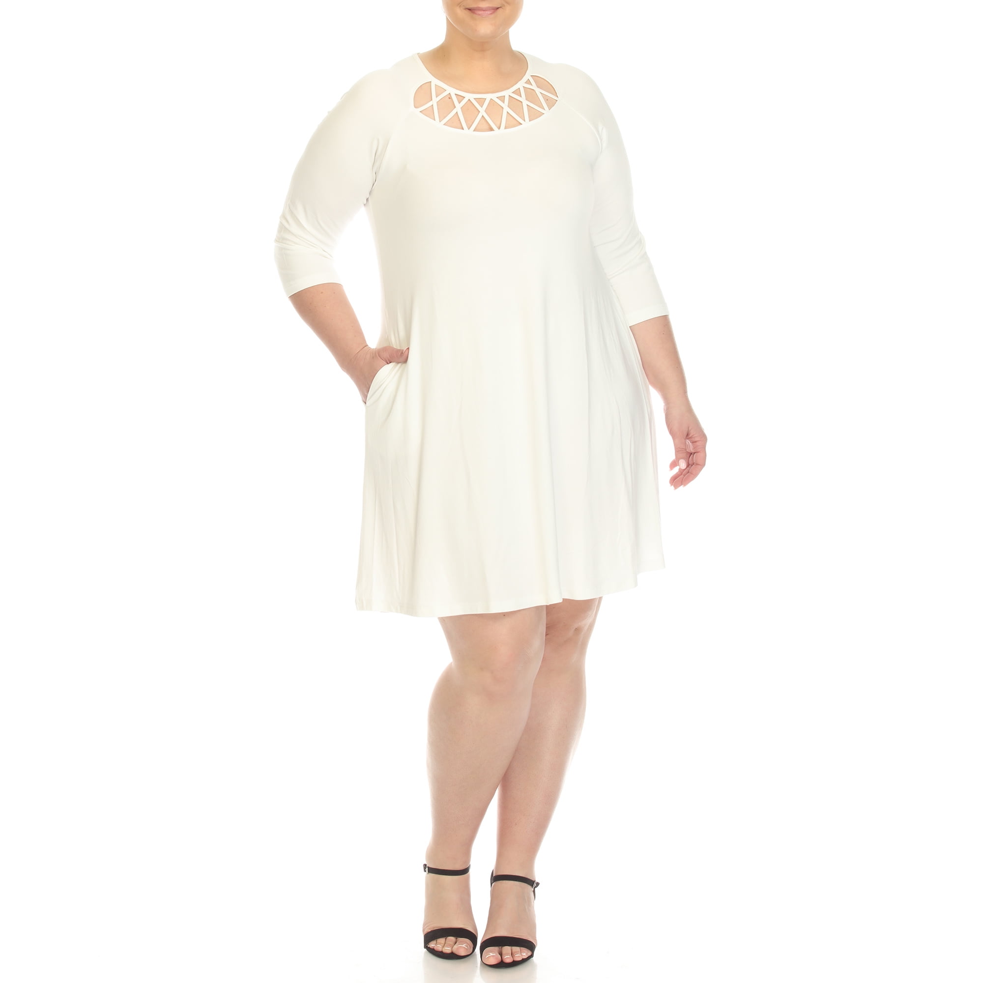 White Mark 3/4 Sleeve Crisscross Neck Dress (Women's & Women's Plus)