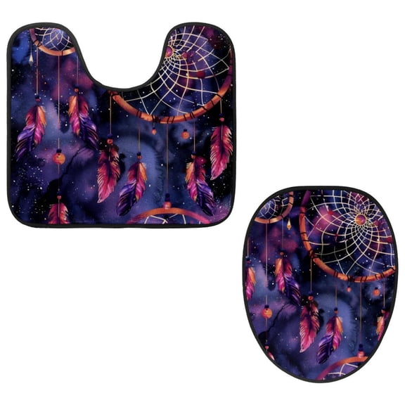 PhooArto Toilet Lid Cover and U-Shaped Toilet Floor Mat Set of 2 Pieces, Purple Galaxy Dreamcatcher Pattern Toilet Mat Set, Machine Washable Seat Covers Non-Slip Absorbent Rugs