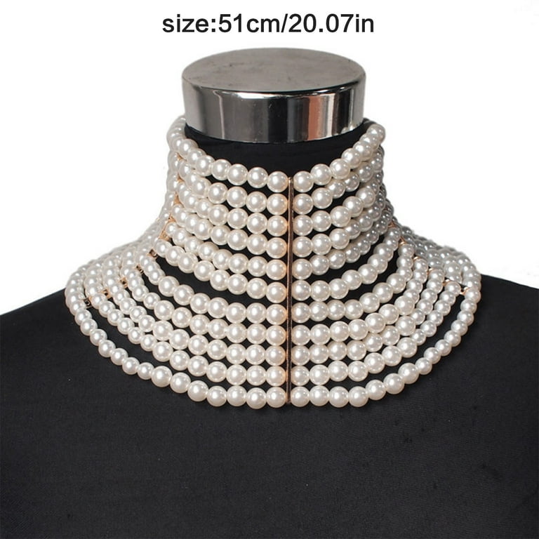Women Vintage Exaggerated Choker Multi Strands Layered Imitation Pearl Jewelry High Collar Statement Necklaces for Wedding Dress Themed Party